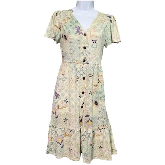 Monteau Cream and Pink Ruffled Tiered Pullover Midi Dress - Picture 1 of 8